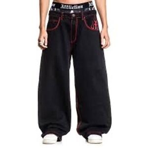 Affliction Flameful Faith Youth Wide Leg Jeans Black Red Flame Skater Siz 27 NEW